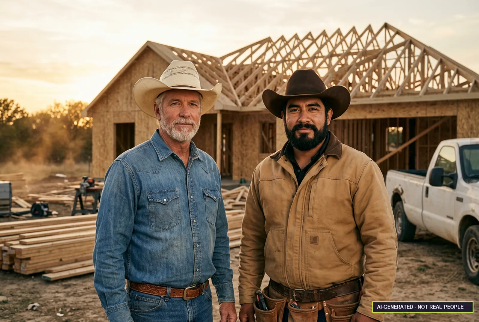 Two contractors on a jobsite at sunrise — the faces of BuildPilot AI. Illustration, AI-generated, not real people.