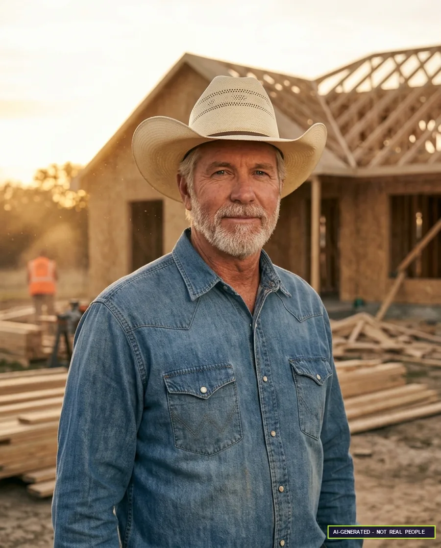 A contractor in a work truck at dawn.