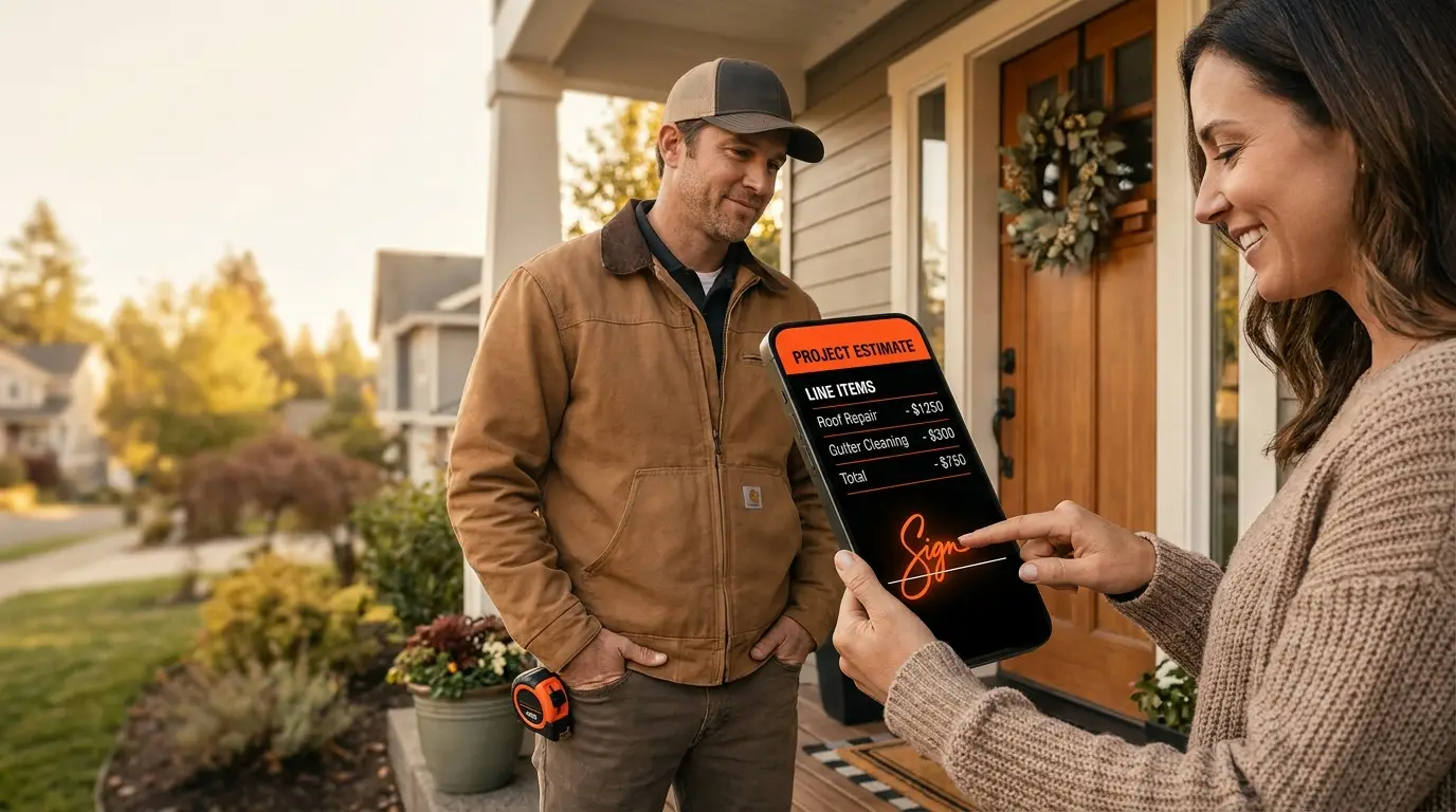Homeowner e-signing a BuildPilot estimate on a phone at their front door while the contractor stands by