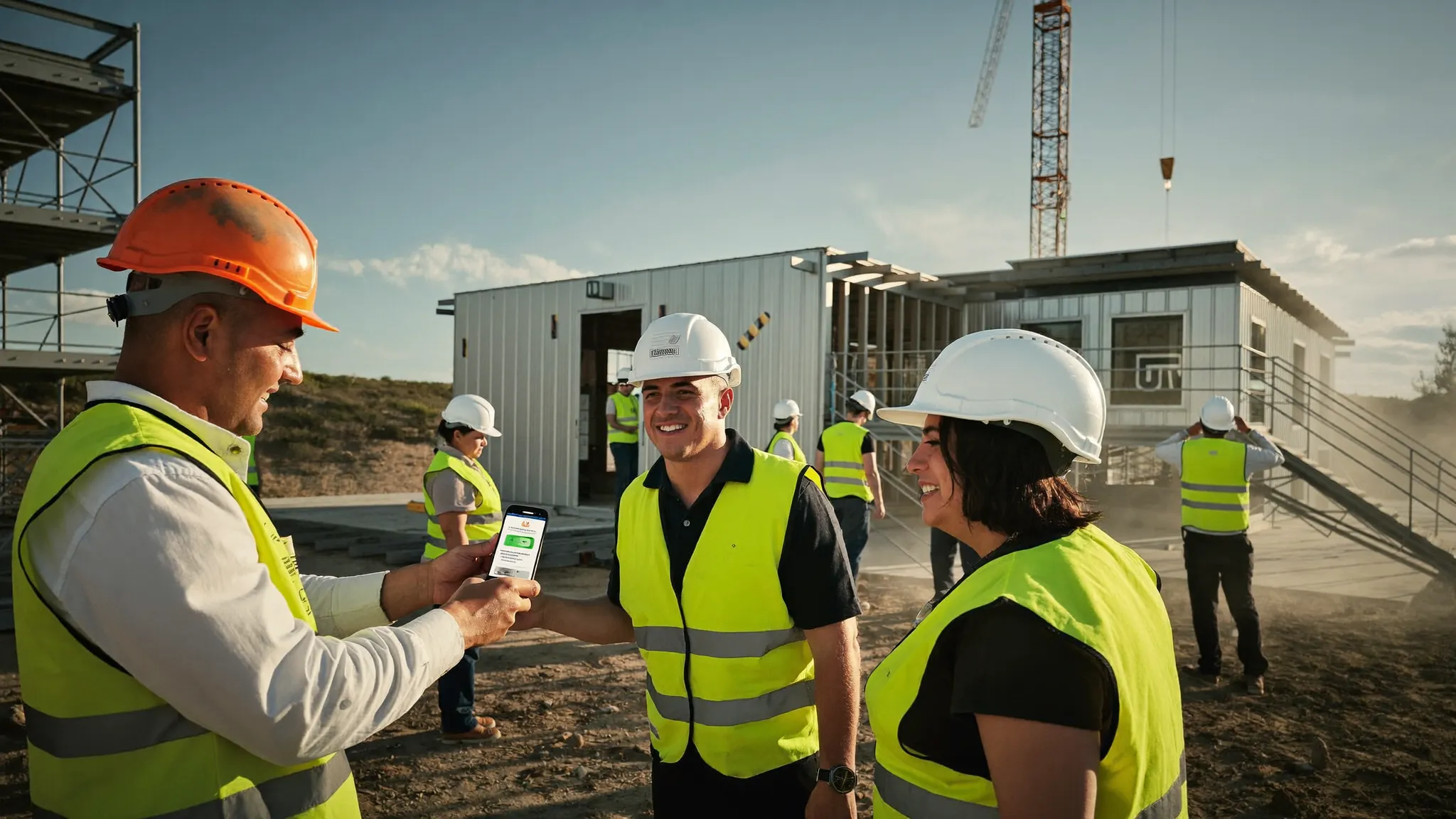 A Hispanic construction crew building a commercial project, the foreman showing a young worker a bilingual construction app on his phone
